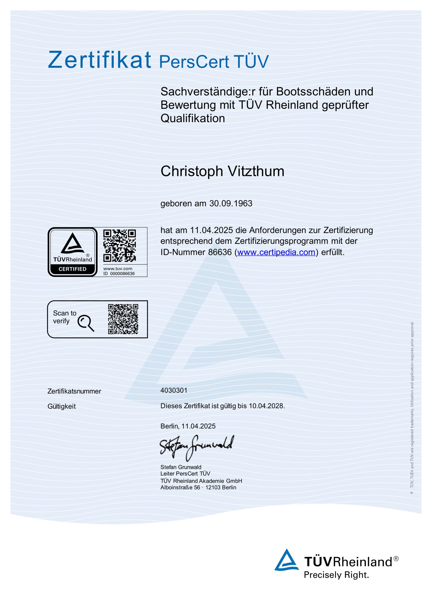 Zertifikat TÜV Rheinland - Sachverständiger für Bootsschäden und Bewertung
